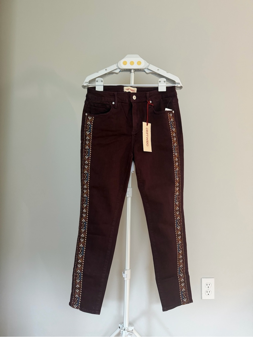 DRIFTWOOD Burgundy Skinny Jeans with Embroidered Side Stripes